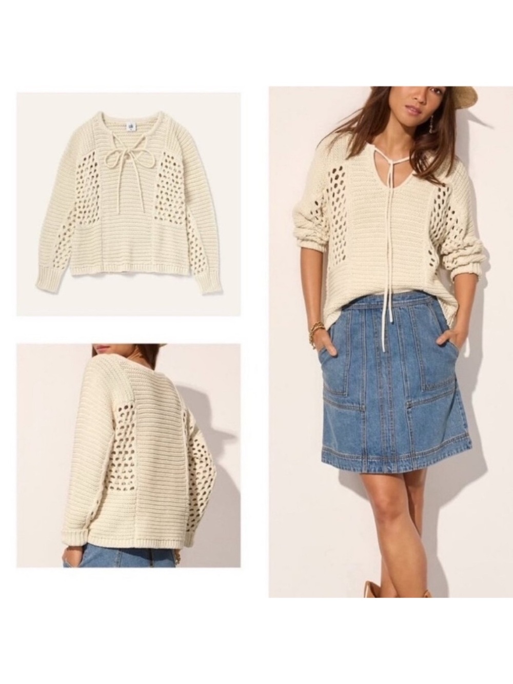 CAbi Spring 2024 Sandbar Ivory Open-Knit Tie-Neck Pullover Boho Crochet Sweater